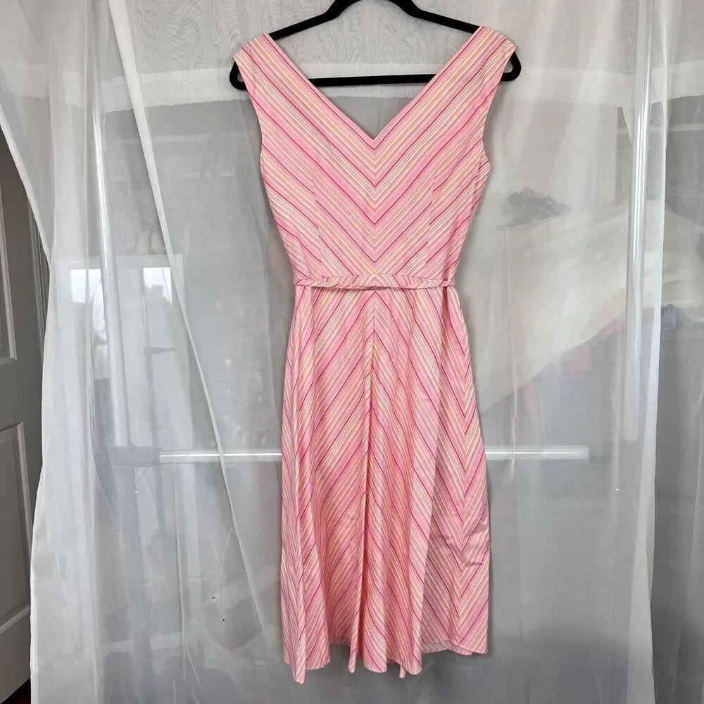 London Times striped midi dress size 4 waist tie preppy classic feminine pink - Picture 9 of 12